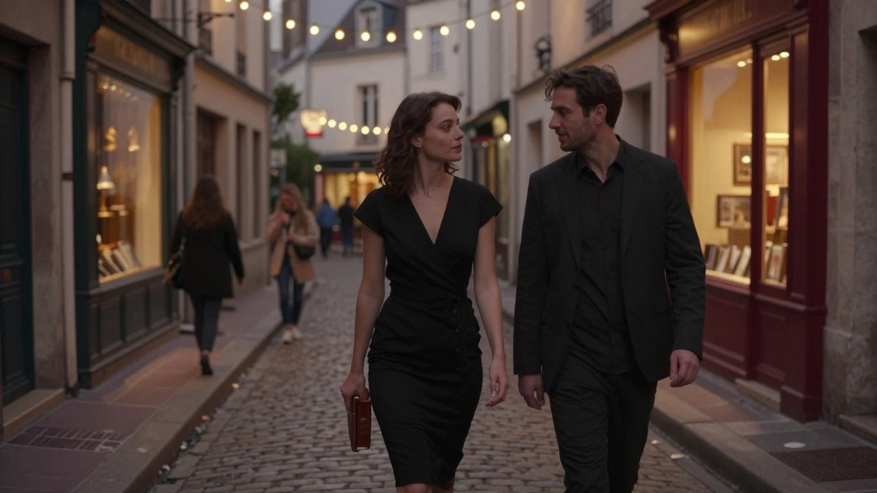A woman and man walking together through Montmartre at twilight, bookshop lights glowing.