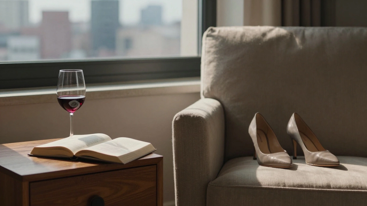 An empty armchair with wine glass and open book, lamplight casting soft shadows in a Paris hotel room.