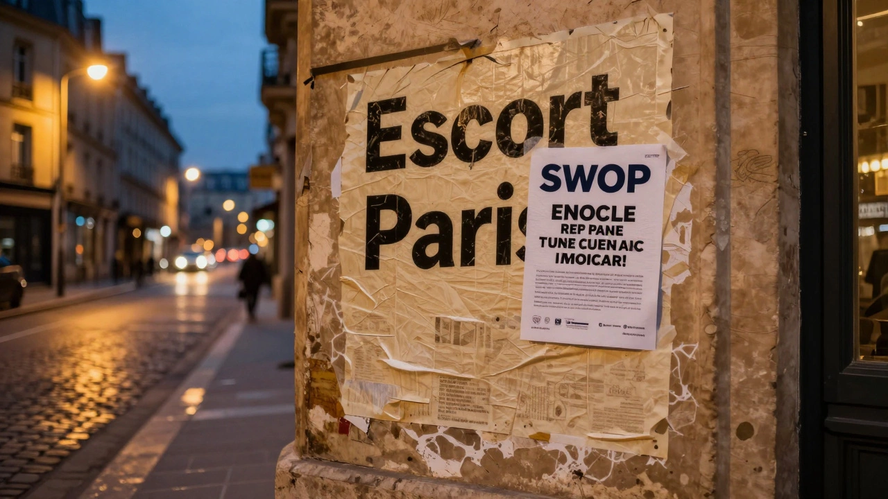 Empty Paris street at dusk with a peeling escort ad covered by a quiet advocacy flyer.